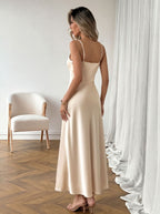 Satin Midi Dress V-Neck Pleated High Waist Champagne Party Sleeveless Strappy