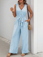 Striped Wide-Leg Jumpsuit Casual V-Neck Buttoned Tie Belted Cotton with Pockets