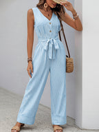 Striped Wide-Leg Jumpsuit Casual V-Neck Buttoned Tie Belted Cotton with Pockets