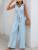 Striped Wide-Leg Jumpsuit Casual V-Neck Buttoned Tie Belted Cotton with Pockets