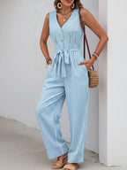 Striped Wide-Leg Jumpsuit Casual V-Neck Buttoned Tie Belted Cotton with Pockets