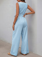 Striped Wide-Leg Jumpsuit Casual V-Neck Buttoned Tie Belted Cotton with Pockets