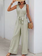 Striped Wide-Leg Jumpsuit Casual V-Neck Buttoned Tie Belted Cotton with Pockets