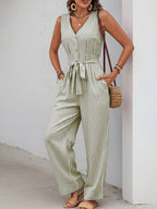 Striped Wide-Leg Jumpsuit Casual V-Neck Buttoned Tie Belted Cotton with Pockets
