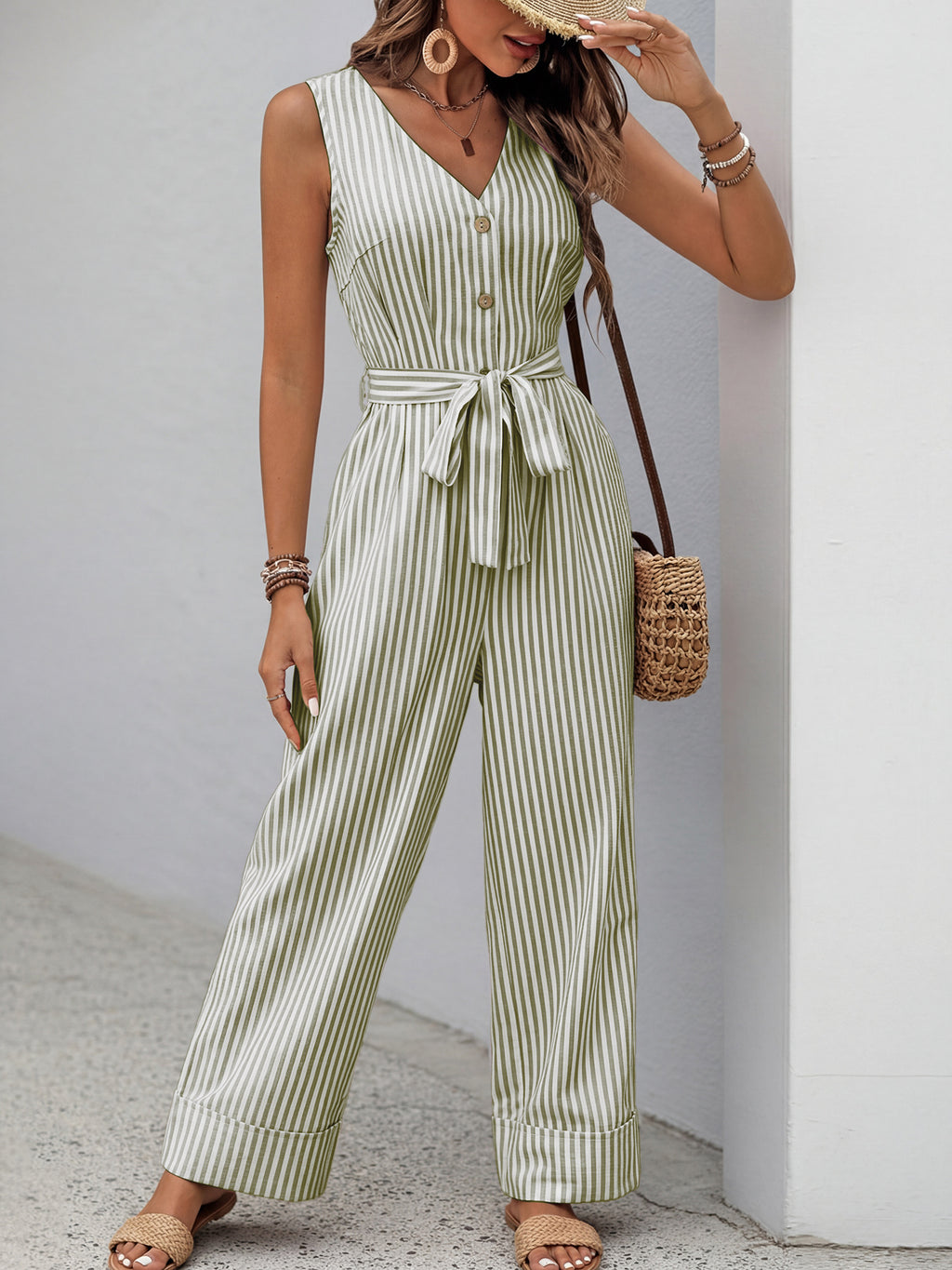 Striped Wide-Leg Jumpsuit Casual V-Neck Buttoned Tie Belted Cotton with Pockets