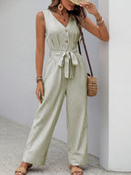 Striped Wide-Leg Jumpsuit Casual V-Neck Buttoned Tie Belted Cotton with Pockets