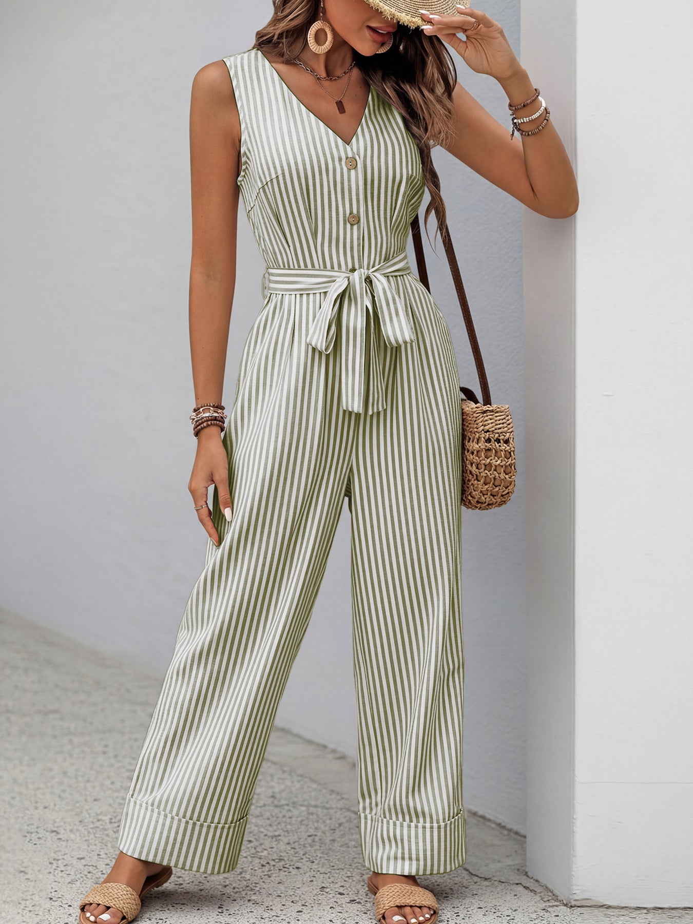 Striped Wide-Leg Jumpsuit Casual V-Neck Buttoned Tie Belted Cotton with Pockets