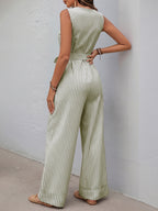 Striped Wide-Leg Jumpsuit Casual V-Neck Buttoned Tie Belted Cotton with Pockets