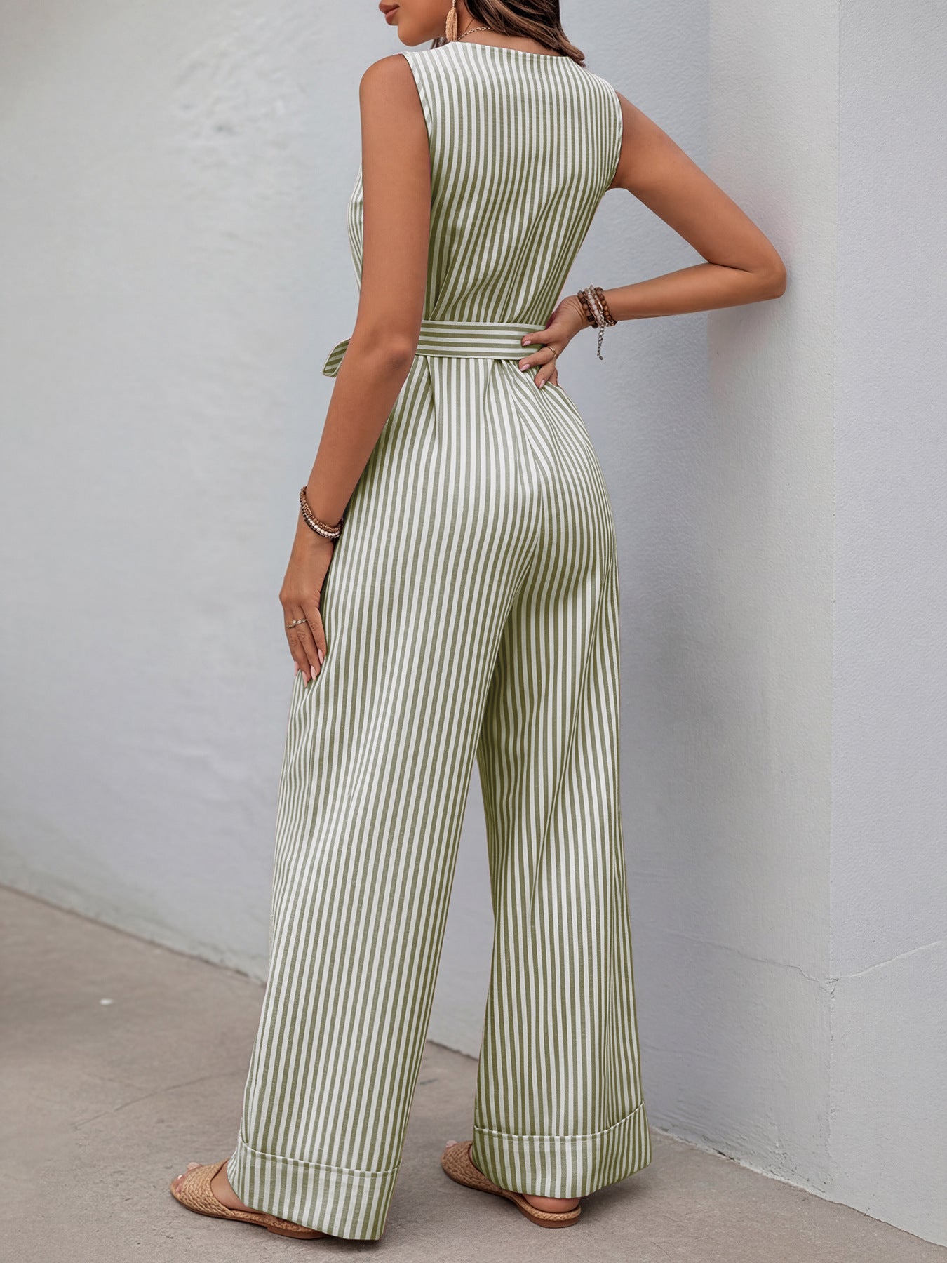 Striped Wide-Leg Jumpsuit Casual V-Neck Buttoned Tie Belted Cotton with Pockets