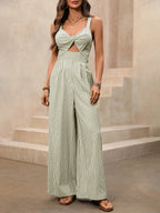 Striped Wide-Leg Casual Jumpsuit Cutout Twist V-Neck High Waist Cotton Overall