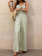 Striped Wide-Leg Casual Jumpsuit Cutout Twist V-Neck High Waist Cotton Overall