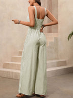 Striped Wide-Leg Casual Jumpsuit Cutout Twist V-Neck High Waist Cotton Overall