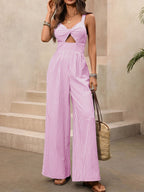 Striped Wide-Leg Casual Jumpsuit Cutout Twist V-Neck High Waist Cotton Overall
