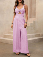 Striped Wide-Leg Casual Jumpsuit Cutout Twist V-Neck High Waist Cotton Overall