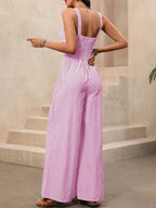 Striped Wide-Leg Casual Jumpsuit Cutout Twist V-Neck High Waist Cotton Overall