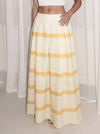 Maxi Skirt Yellow Striped A-Line Ruffle Pleated Elastic High Waisted Casual Skirts