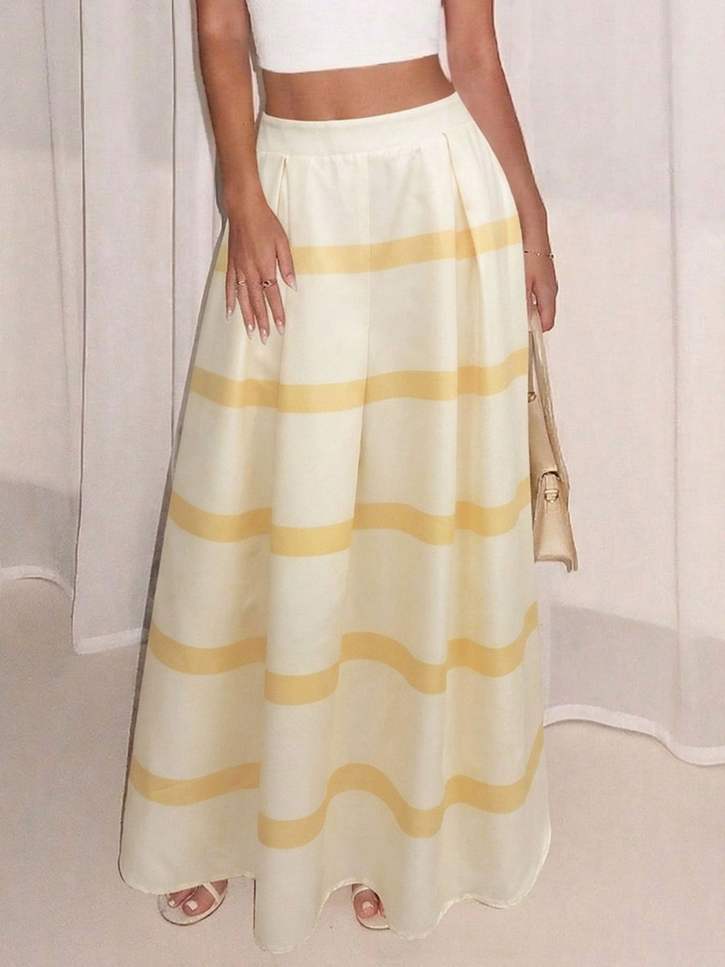 Maxi Skirt Yellow Striped A-Line Ruffle Pleated Elastic High Waisted Casual Skirts