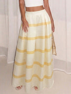 Maxi Skirt Yellow Striped A-Line Ruffle Pleated Elastic High Waisted Casual Skirts
