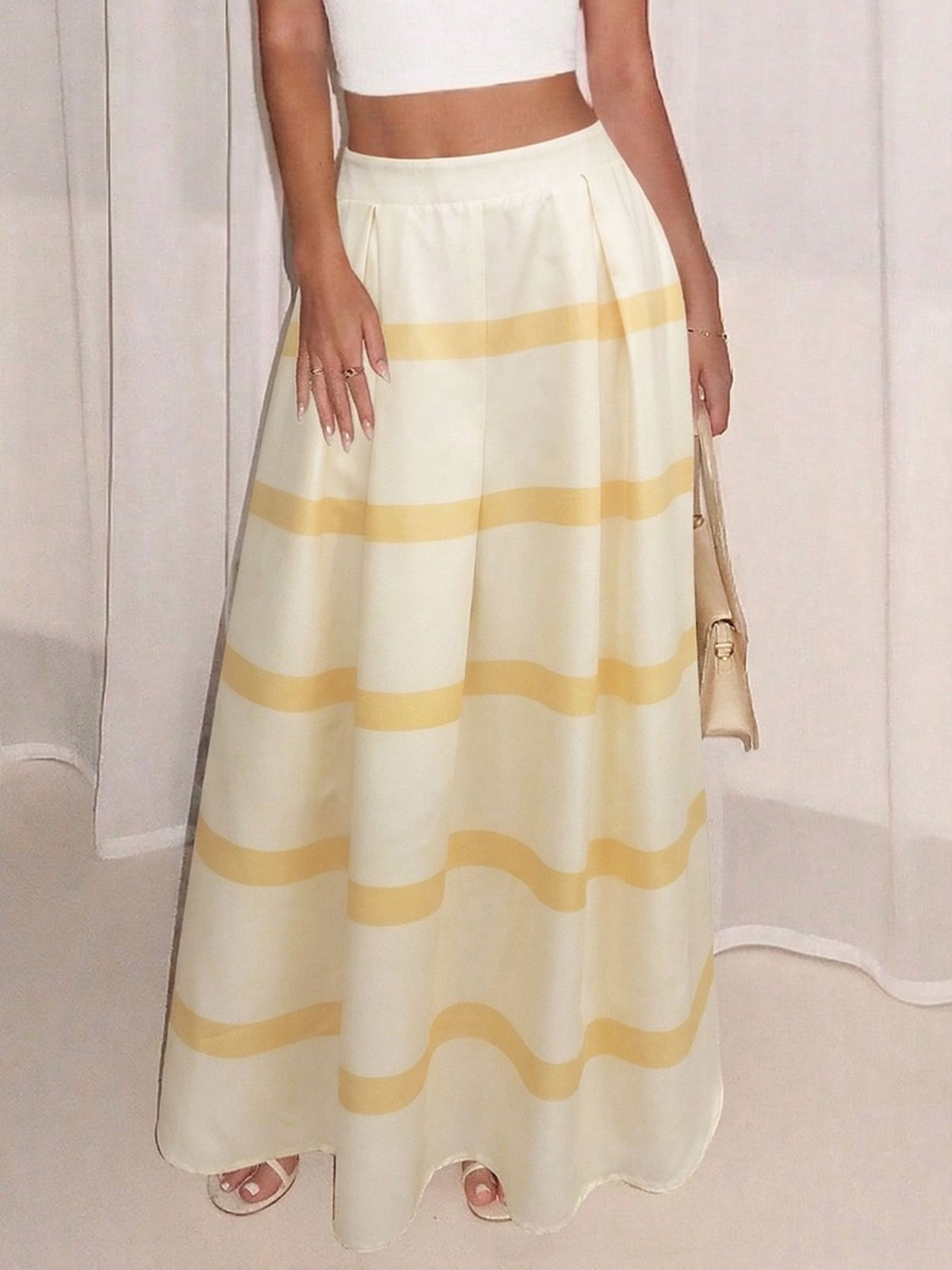 Maxi Skirt Yellow Striped A-Line Ruffle Pleated Elastic High Waisted Casual Skirts