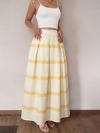Maxi Skirt Yellow Striped A-Line Ruffle Pleated Elastic High Waisted Casual Skirts