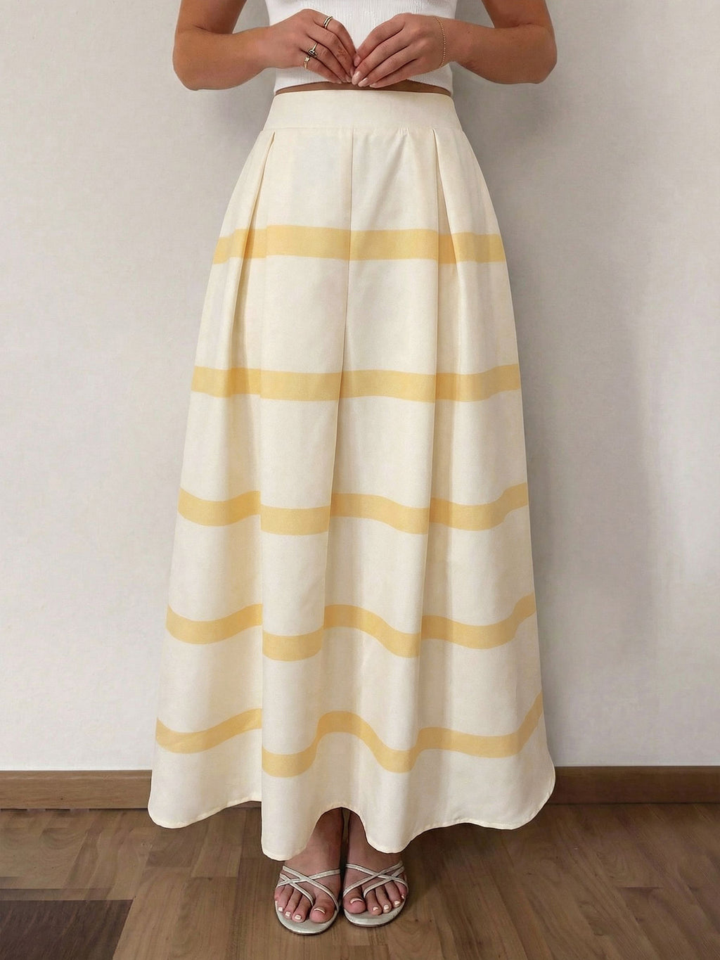 Maxi Skirt Yellow Striped A-Line Ruffle Pleated Elastic High Waisted Casual Skirts
