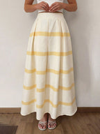 Maxi Skirt Yellow Striped A-Line Ruffle Pleated Elastic High Waisted Casual Skirts