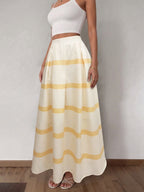 Maxi Skirt Yellow Striped A-Line Ruffle Pleated Elastic High Waisted Casual Skirts