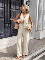 Fashion Outfit Set Striped Tie Vest Sleeveless Top & Wide Leg Pants Cotton Casual