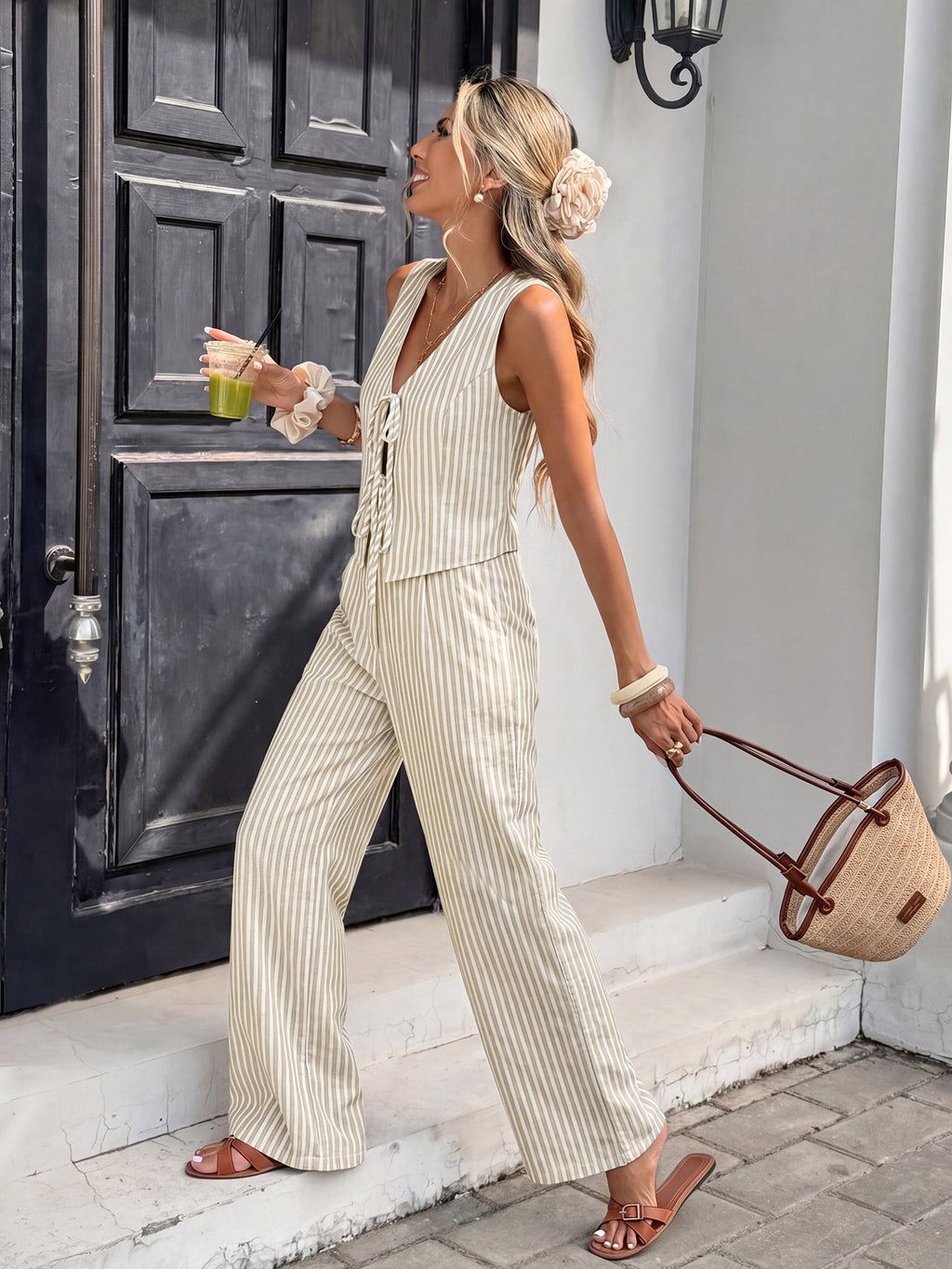 Fashion Outfit Set Striped Tie Vest Sleeveless Top & Wide Leg Pants Cotton Casual
