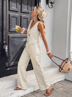 Fashion Outfit Set Striped Tie Vest Sleeveless Top & Wide Leg Pants Cotton Casual