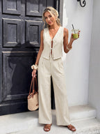 Fashion Outfit Set Striped Tie Vest Sleeveless Top & Wide Leg Pants Cotton Casual
