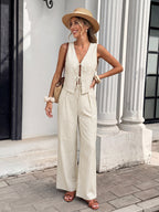 Fashion Outfit Set Striped Tie Vest Sleeveless Top & Wide Leg Pants Cotton Casual