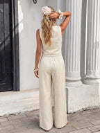 Fashion Outfit Set Striped Tie Vest Sleeveless Top & Wide Leg Pants Cotton Casual