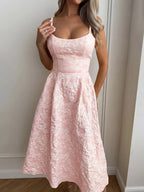 A-Line Midi Dress Floral Textured Cami Sleeveless Ruffle Zipper Summer Dresses