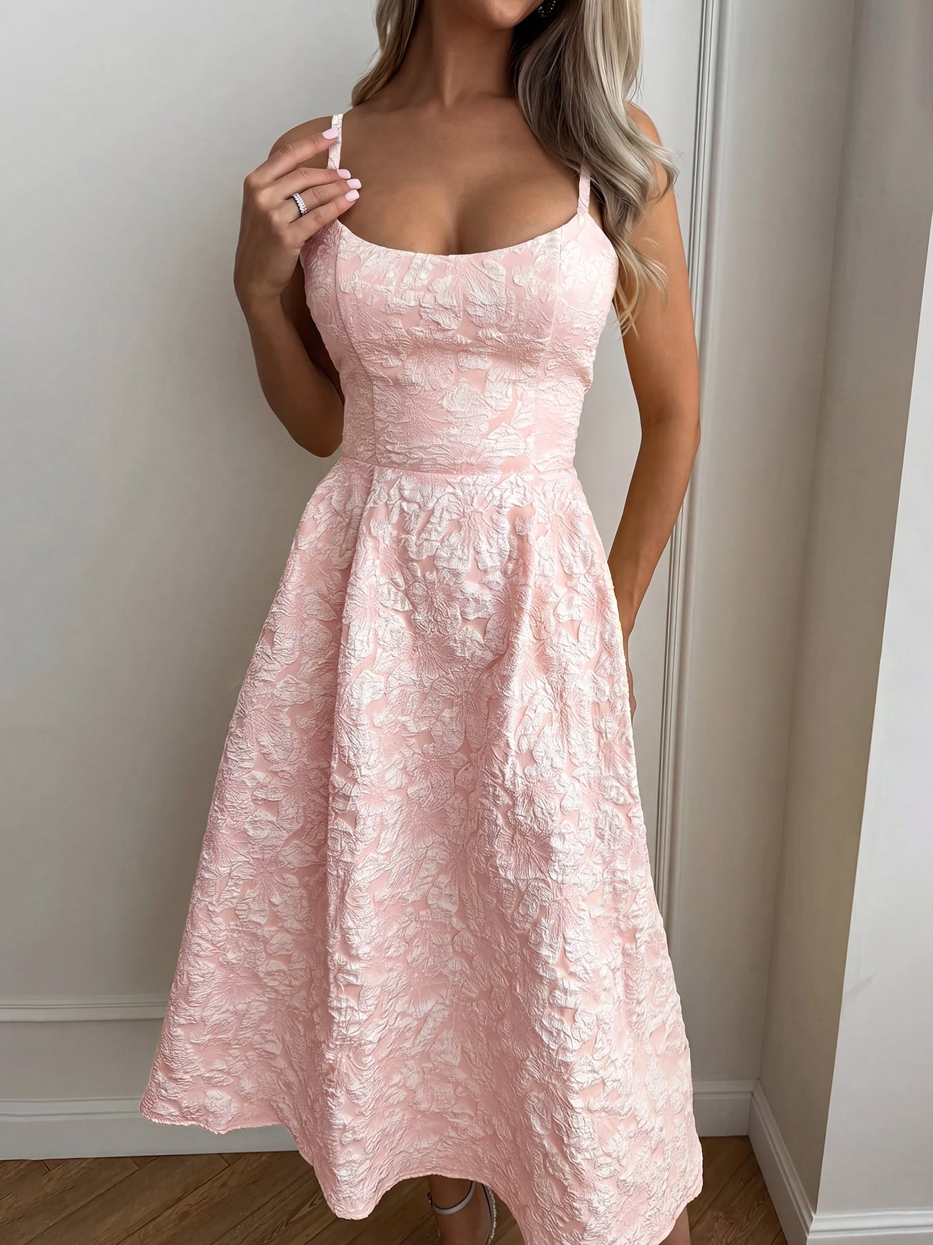 A-Line Midi Dress Floral Textured Cami Sleeveless Ruffle Zipper Summer Dresses