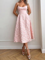 A-Line Midi Dress Floral Textured Cami Sleeveless Ruffle Zipper Summer Dresses