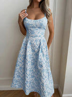 A-Line Midi Dress Floral Textured Cami Sleeveless Ruffle Zipper Summer Dresses