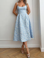 A-Line Midi Dress Floral Textured Cami Sleeveless Ruffle Zipper Summer Dresses