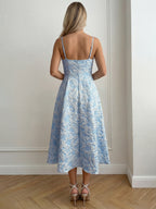 A-Line Midi Dress Floral Textured Cami Sleeveless Ruffle Zipper Summer Dresses