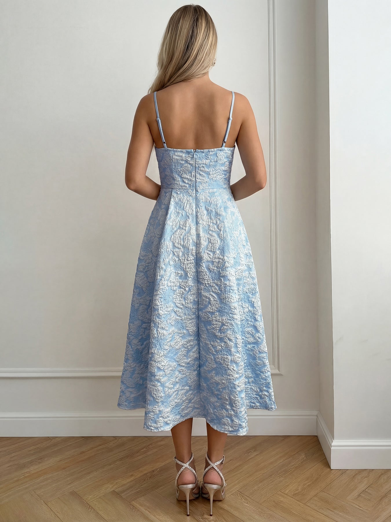 A-Line Midi Dress Floral Textured Cami Sleeveless Ruffle Zipper Summer Dresses