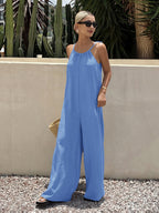 Wide Leg Casual Jumpsuit Tie Strap Blue Lightweight Summer Overall One-piece