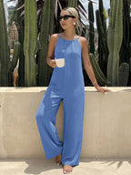 Wide Leg Casual Jumpsuit Tie Strap Blue Lightweight Summer Overall One-piece