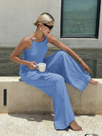 Wide Leg Casual Jumpsuit Tie Strap Blue Lightweight Summer Overall One-piece