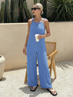 Wide Leg Casual Jumpsuit Tie Strap Blue Lightweight Summer Overall One-piece