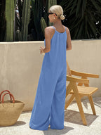 Wide Leg Casual Jumpsuit Tie Strap Blue Lightweight Summer Overall One-piece