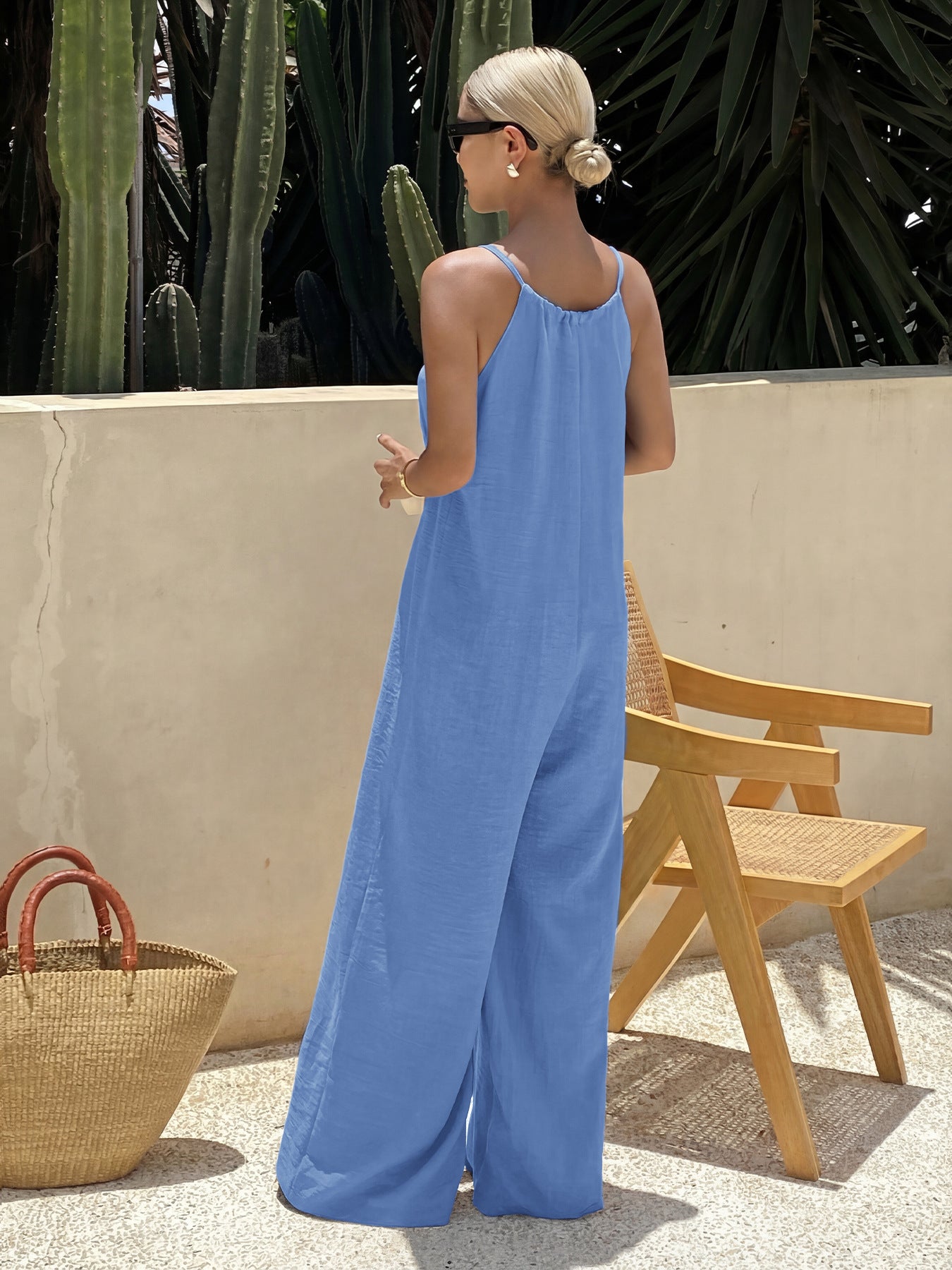 Wide Leg Casual Jumpsuit Tie Strap Blue Lightweight Summer Overall One-piece