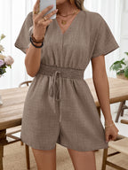 Casual Romper V-Neck Drawstring Waist Short Sleeve Summer Loose Jumpsuit