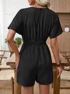 Casual Romper V-Neck Drawstring Waist Short Sleeve Summer Loose Jumpsuit