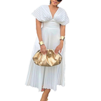 Pleated Midi Dress White V-Neck Empire High Waisted Short Cap Sleeve Party