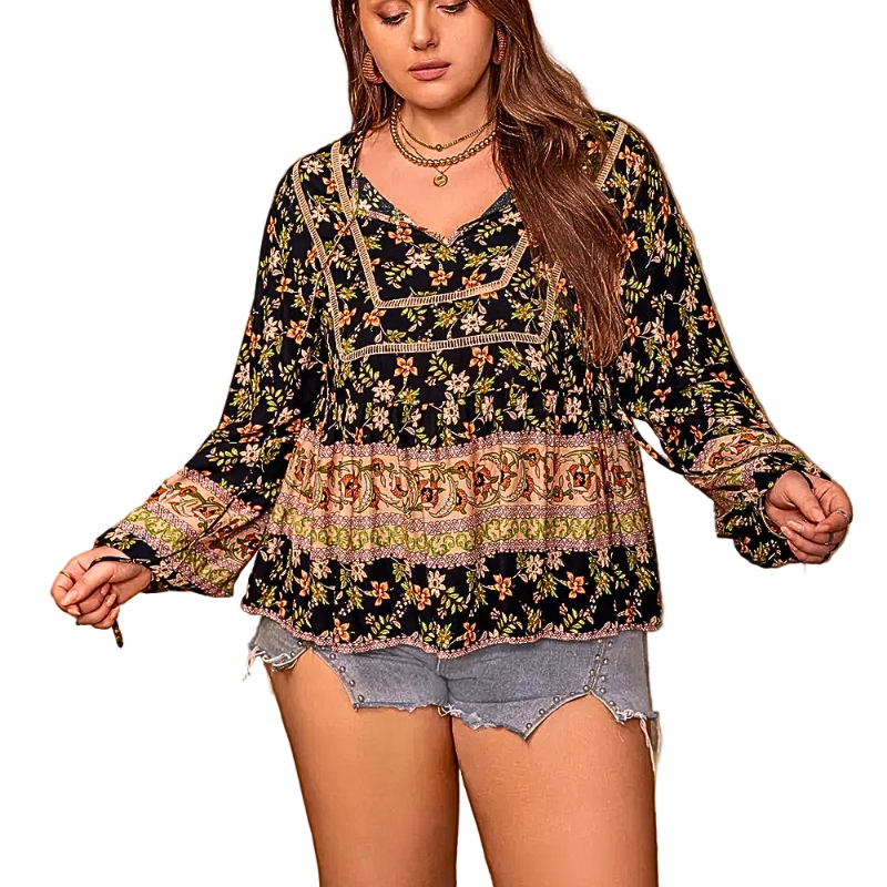 Plus Size Blouse Floral Black Boho V-Neck Tie Ruffle Long Sleeve Flowy Loose Top